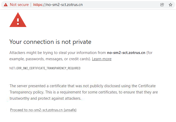 谷歌浏览器展示不支持国际证书透明的网站